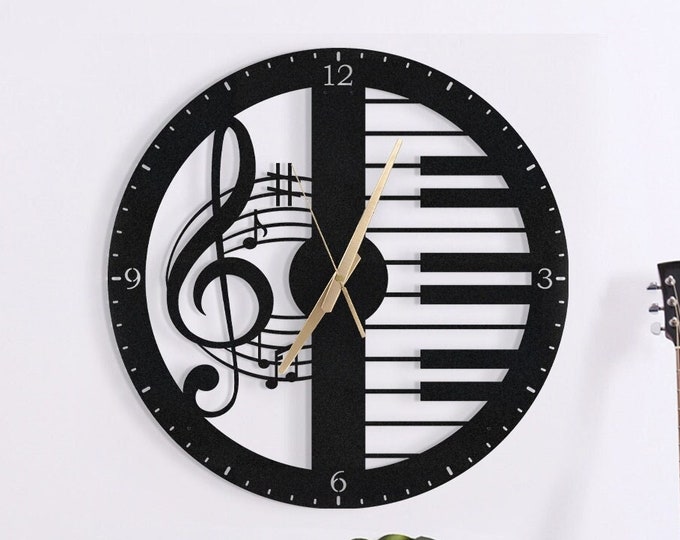 Musical Notes and Piano Keys Wall Clock, Musical Note Sign, Piano Wall Clock, Music Wall Clocks, Gift for Musicians, Large Wall Clocks