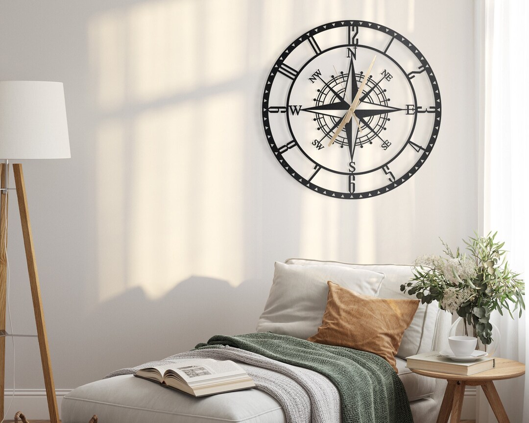 Latin Numeral Metal Compass Wall Clock, Metal Compass Sign, Large Size