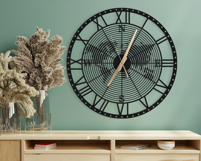 Metal World Map Wall Clock, Compass Wall Clock, Large Wall Clock, Metal