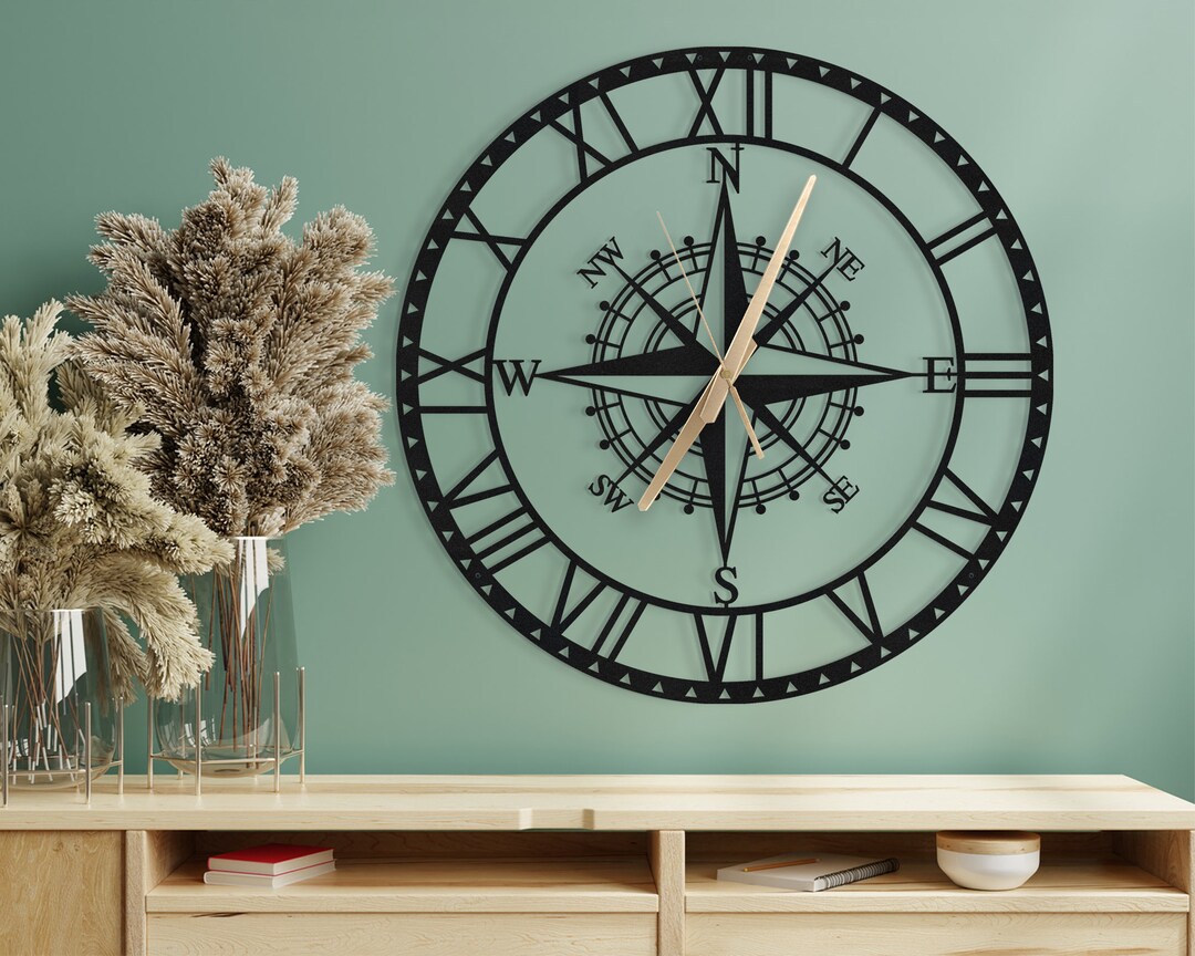Metal Compass Wall Clock, Metal Compass Sign, Silent Wall Clock