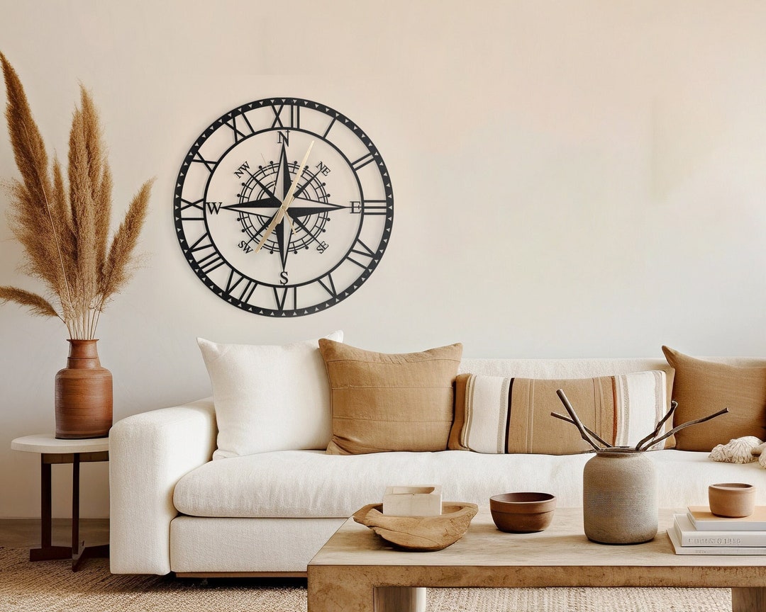 Metal Compass Wall Clock, Metal Compass Sign, Silent Wall Clock