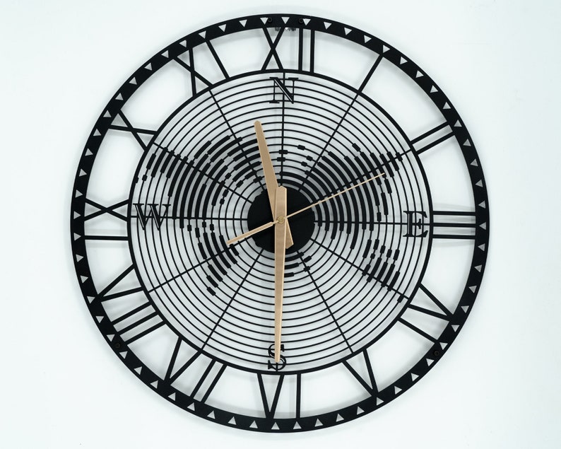 Metal World Map Wall Clock, Compass Wall Clock, Large Wall Clock, Metal
