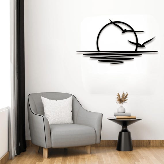 Minimalist Metal Sunset Wall Art: Geometric Birds, One Line Design