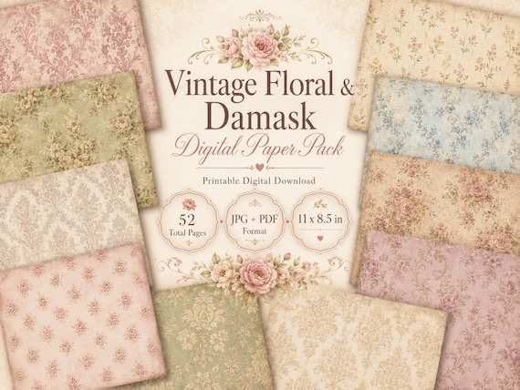 Faded Wallpaper Digital Paper Bundle, Vintage Floral Scrapbook Paper, Shabby Chic Junk Journal Backgrounds