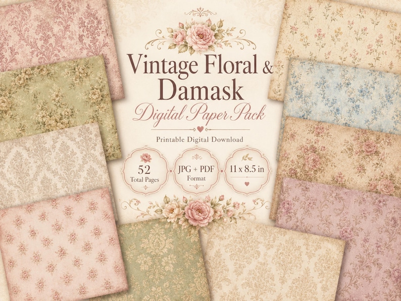May include: A collection of vintage-style digital paper sheets with floral and damask patterns. The papers feature soft colors like pink, beige, and green. The image includes text that reads "Vintage Floral & Damask Digital Paper Pack" and "11 x 8.5 in".