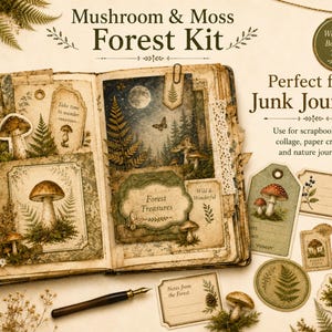 Op de afbeelding: Een boskit in vintage-stijl voor junk journals. De kit bevat een journal met illustraties van paddenstoelen en varens, labels en stickers. De tekst op het journal luidt "Mushroom & Moss Forest Kit" en "Perfect for Junk Journals".