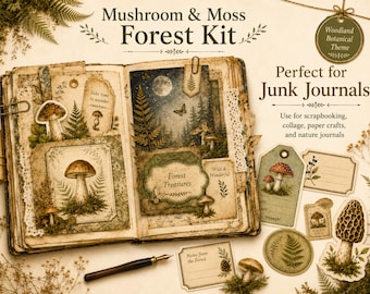 Mushroom & Moss Forest Junk Journal Kit, 87 Printable Woodland Pages, Botanical Ephemera