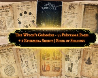 77 Printable Witchcraft Grimoire Pages | Book of Shadows PDF Kit with Moon Phases, Herbal Lore, Spells | Gothic Dark Academia Witch Journal