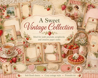 Vintage Strawberry Junk Journal Kit, Printable Journal Pages, Ephemera, Digital Scrapbook Paper, Cottagecore Download