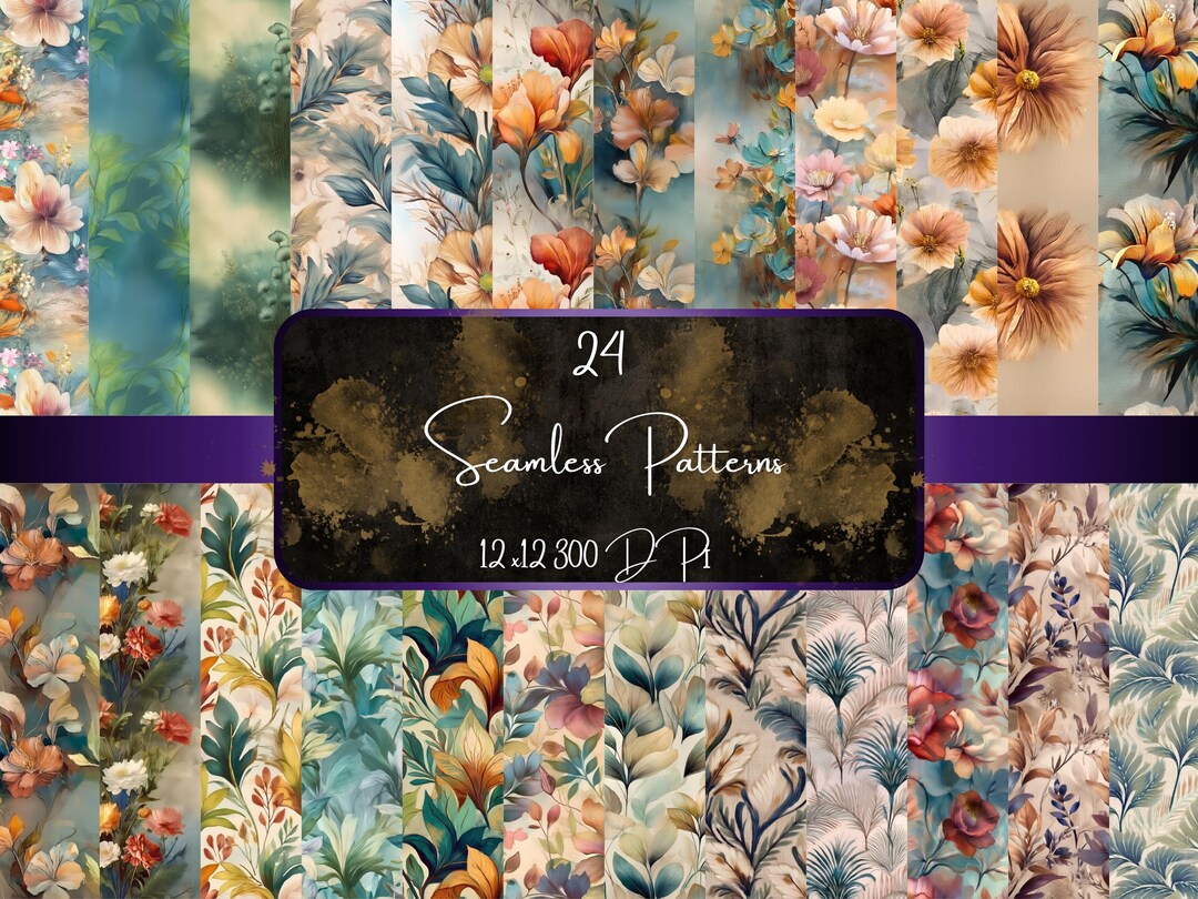 Floral Seamless Patterns - Botanical Digital Paper Pack (JPG, PDF, 300 ...