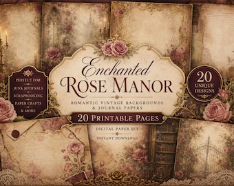 Enchanted Rose Manor Junk Journal Papers, Romantic Vintage Backgrounds, Shabby Chic Rose Scrapbook Paper, Printable Digital Download