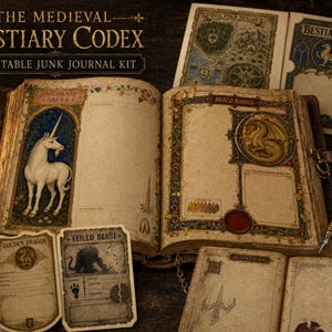 Puede incluir: Un kit de diario basura imprimible titulado The Medieval Bestiary Codex que presenta un libro abierto con ilustraciones de un unicornio y un dragón, acompañado de varias tarjetas etiquetadas como Golden Dragon, Veiled Beast y Bestiary Pass con bordes ornamentados.