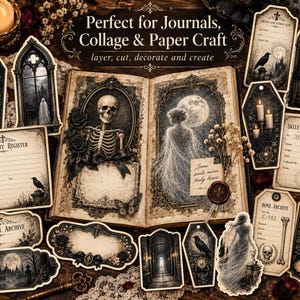 May include: A collection of gothic-themed paper ephemera including die-cut tags, labels, and a central open book. The items feature illustrations of skeletons, ghosts, ravens, cemeteries, and moonlit scenes with text like Cemetery Register.