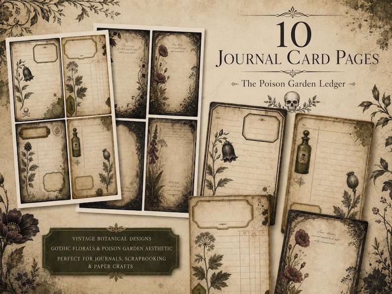 May include: Ten journal card pages titled The Poison Garden Ledger featuring vintage botanical designs, dark floral illustrations, apothecary bottles, and skull motifs on aged, sepia-toned paper with lined writing areas and decorative frames.