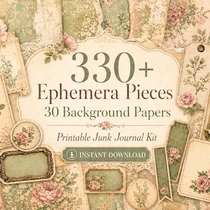 May include: A collection of vintage-style ephemera pieces and background papers. The image features tags, labels, and decorative elements with floral designs in soft pinks, greens, and creams. Text includes "330+ Ephemera Pieces" and "Printable Junk Journal Kit."