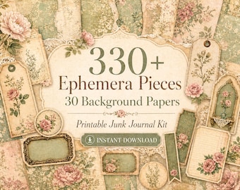 330+ Vintage Ephemera Pieces, 30 Background Papers, Printable Junk Journal Kit