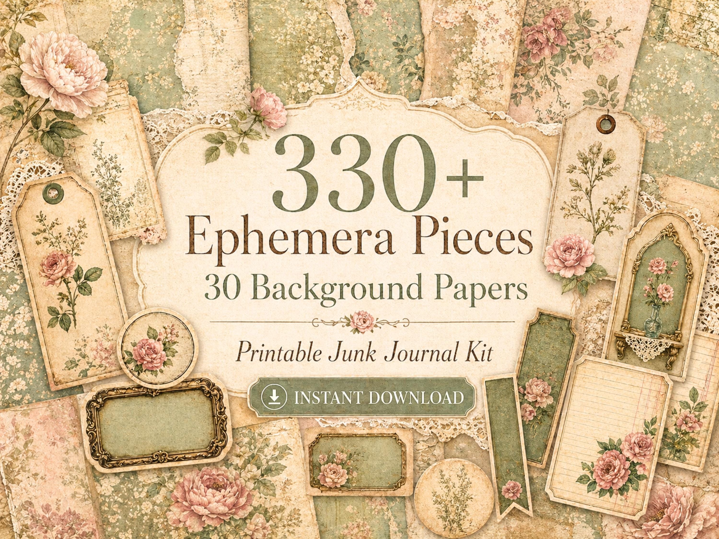 330+ Vintage Ephemera Pieces, 30 Background Papers, Printable Junk…