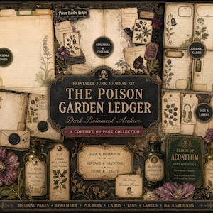 Poison Garden Junk Journal Kit, Dark Botanical Ephemera, Printable Vintage Apothecary Papers, Gothic Journal Cards, Digital Download image 1