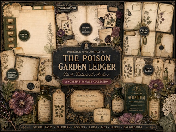 Poison Garden Junk Journal Kit, Dark Botanical Ephemera, Printable Vintage Apothecary Papers, Gothic Journal Cards, Digital Download