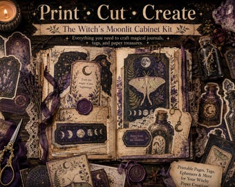 The Witch’s Moonlit Cabinet Kit, Printable Witch Journal, Gothic Ephemera, Moon Phase Grimoire Pages