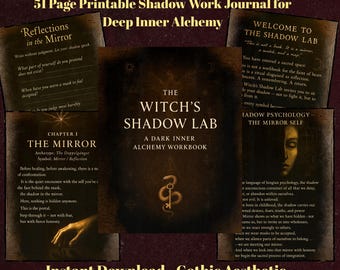 Può includere: Un diario di lavoro sull'ombra stampabile intitolato "The Witch's Shadow Lab" con un'estetica oscura. La copertina presenta il titolo, un simbolo di serpente e il testo "A Dark Inner Alchemy Workbook". Le pagine includono spunti per l'autoriflessione.