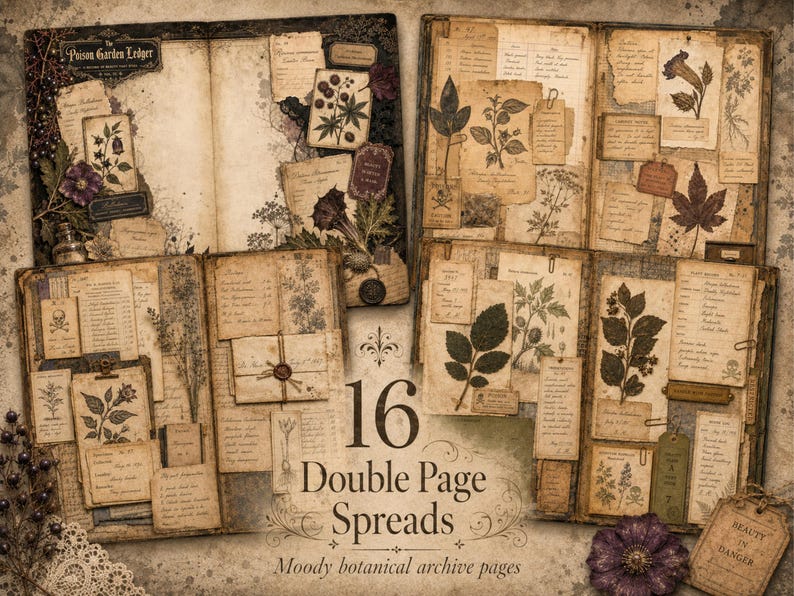 Poison Garden Junk Journal Kit, Dark Botanical Ephemera, Printable Vintage Apothecary Papers, Gothic Journal Cards, Digital Download image 3