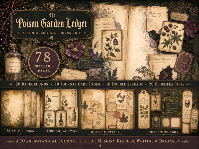 May include: The Poison Garden Ledger printable junk journal kit features 78 pages including 20 backgrounds, 10 journal card pages, 16 double spreads, and 20 ephemera pages with dark botanical illustrations, vintage paper textures, and skull motifs.