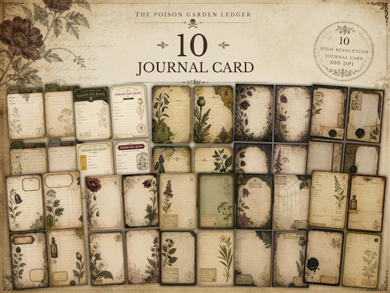 May include: A collection of 10 high-resolution journal cards titled The Poison Garden Ledger, featuring vintage-style paper with botanical illustrations, lined writing spaces, and decorative borders in muted earth tones and aged parchment textures.