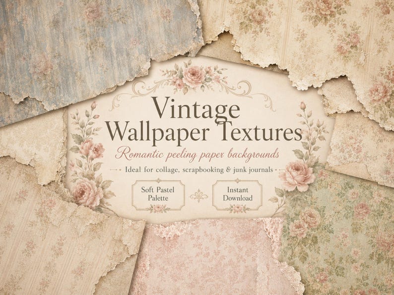 May include: A collection of vintage wallpaper textures with a soft pastel palette. The image features torn edges and floral patterns in shades of pink, blue, and beige. Text reads "Vintage Wallpaper Textures" and "Romantic peeling paper backgrounds."