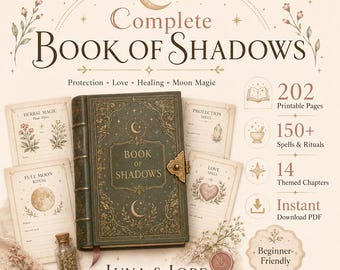 Libro delle Ombre di Stregoneria Stampabile in PDF, con oltre 150 incantesimi e grimorio di 202 pagine.