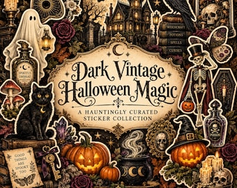 Halloween-klistermärke PNG-paket, 62 vintage gotiska klistermärken, spökskelett häxa pumpa digital nedladdning