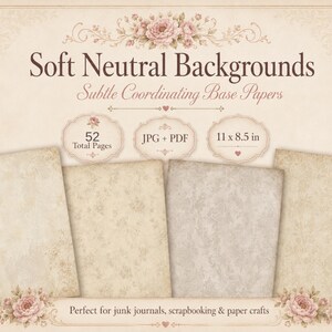 May include: A collection of four soft neutral background papers with floral and ornamental designs. The image includes text that reads "Soft Neutral Backgrounds" and "Subtle Coordinating Base Papers". The papers are 11 x 8.5 inches and are perfect for junk journals.