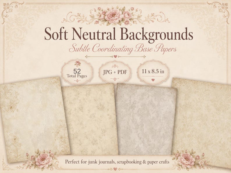 May include: A collection of four soft neutral background papers with floral and ornamental designs. The image includes text that reads "Soft Neutral Backgrounds" and "Subtle Coordinating Base Papers". The papers are 11 x 8.5 inches and are perfect for junk journals.