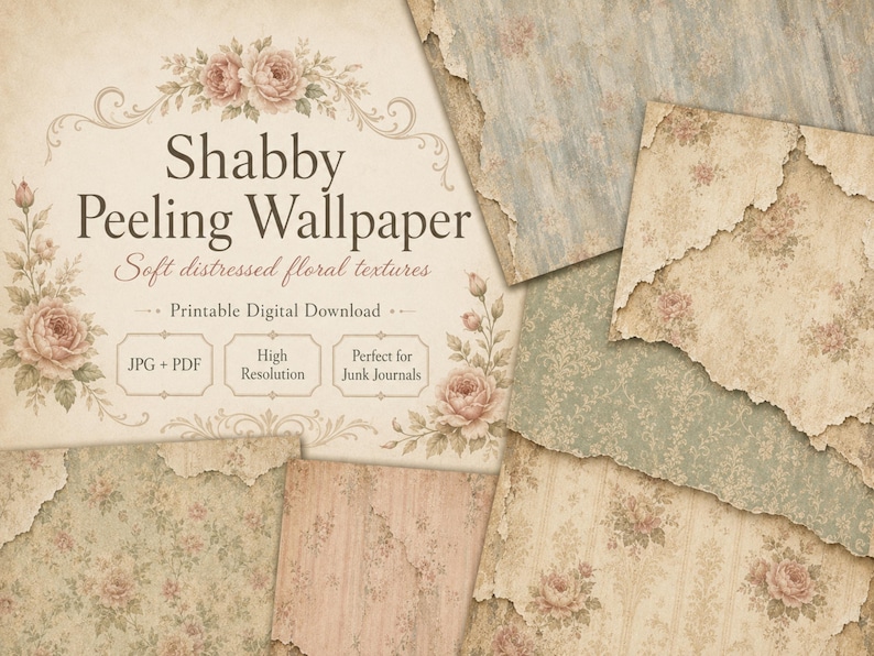 May include: A digital download featuring distressed floral textures, with the text "Shabby Peeling Wallpaper." The design includes floral elements and torn edges, with a vintage aesthetic. The image includes the text "JPG + PDF," "High Resolution," and "Perfect for Junk Journals."