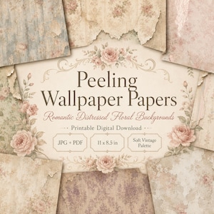 May include: A collection of distressed floral wallpaper designs in soft vintage colors. The image features various patterns, including roses and textured backgrounds. The text reads "Peeling Wallpaper Papers" and "Romantic Distressed Floral Backgrounds". The paper size is 11 x 8.5 inches.