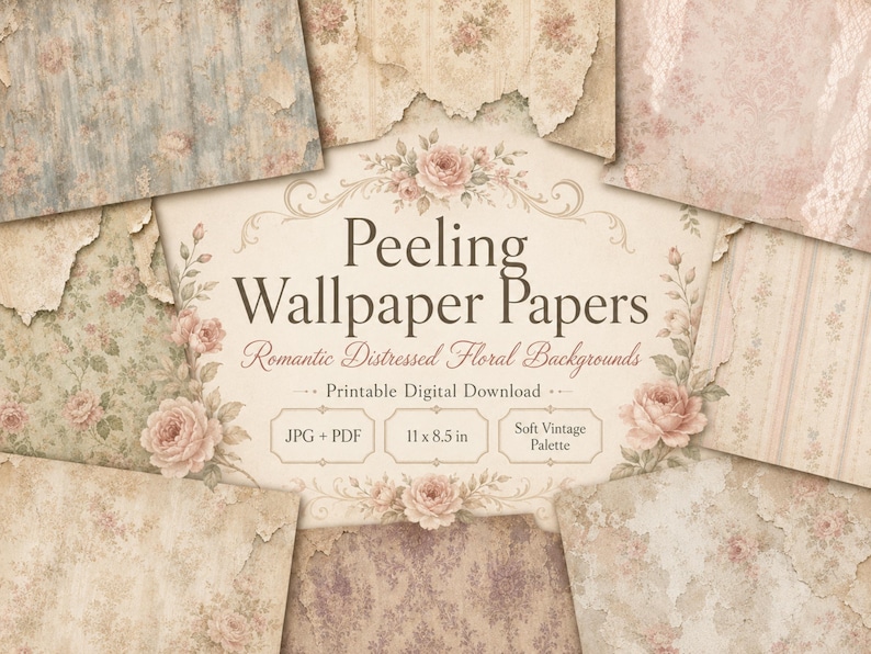 May include: A collection of distressed floral wallpaper designs in soft vintage colors. The image features various patterns, including roses and textured backgrounds. The text reads "Peeling Wallpaper Papers" and "Romantic Distressed Floral Backgrounds". The paper size is 11 x 8.5 inches.