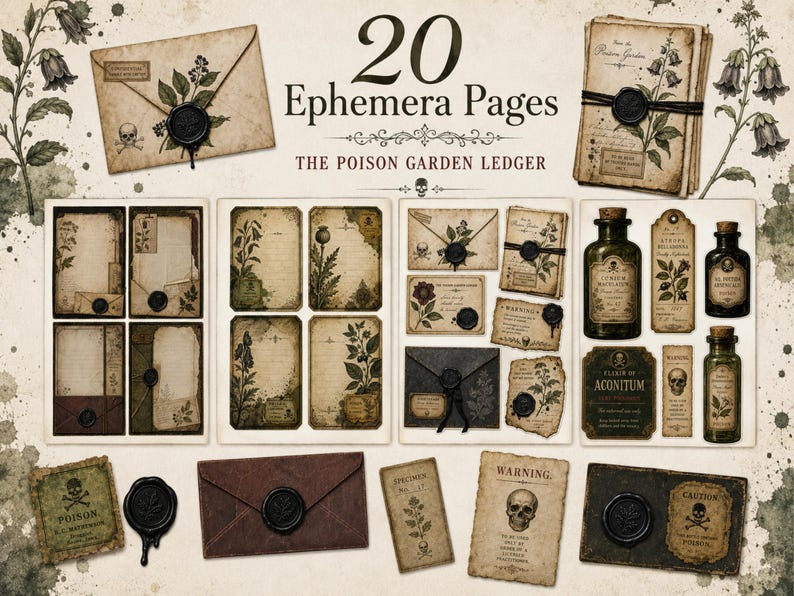 May include: A collection of 20 ephemera pages titled The Poison Garden Ledger, featuring vintage-style paper, envelopes with black wax seals, botanical illustrations, skull motifs, and apothecary bottle labels in shades of beige, brown, and dark green.