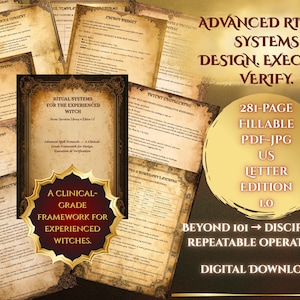 Könnte beinhalten: Digitaler Download mit einem klinischen Rahmen für erfahrene Hexen. Das Bild enthält eine ausfüllbare 281-seitige PDF-JPG-Datei im US-Letter-Format. Der Text lautet "Advanced Ritual Systems: Design, Execute, Verify."
