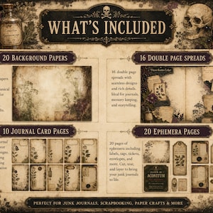 May include: A digital scrapbooking kit featuring a vintage botanical theme with a skull and apothecary bottle illustration. Includes 20 background papers, 16 double page spreads, 10 journal card pages, and 20 ephemera pages with labels and tags.