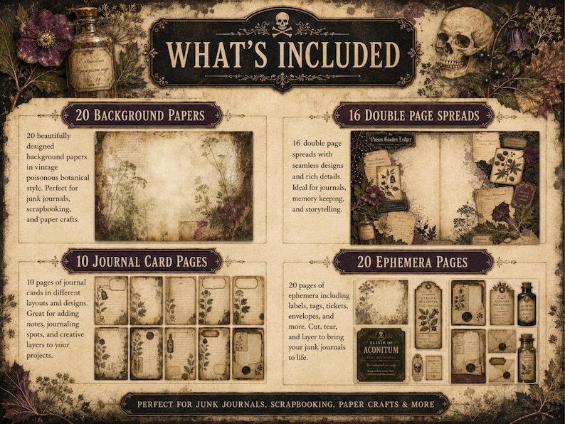 May include: A digital scrapbooking kit featuring a vintage botanical theme with a skull and apothecary bottle illustration. Includes 20 background papers, 16 double page spreads, 10 journal card pages, and 20 ephemera pages with labels and tags.
