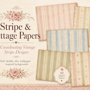 May include: Digital papers with stripe and floral designs in soft pastel colors. The image includes the text "Stripe & Cottage Papers" and "52 Digital Papers". These shabby chic wallpaper inspired backgrounds are perfect for crafting.