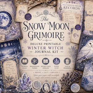 以下が含まれることがあります： 「The Snow Moon Grimoire」と題された冬の魔女のジャーナルキット。満月、シロフクロウ、クリスタル、冬の植物が描かれた紫と青のイラストが含まれています。ジャーナルページ、背景紙、タグなどがセットになった印刷可能なキットです。