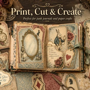 Peut inclure: Un kit de loisirs créatifs comprenant un livre ouvert avec des illustrations vintage de lapin, de miroir et de roses. Le kit inclut diverses étiquettes et cartes en papier avec des services à thé, des cartes à jouer et des horloges, titré Print, Cut & Create et The Looking Glass Cabinet Kit.