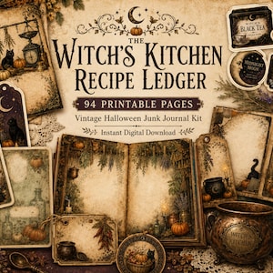Pode incluir: Um kit digital intitulado The Witch's Kitchen Recipe Ledger com 94 páginas imprimíveis, elementos de diário vintage de Halloween, etiquetas e cartões com ilustrações de gatos pretos, abóboras, caldeirões e ervas em papel envelhecido.