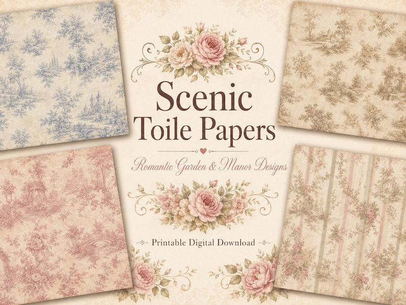 May include: Digital download of "Scenic Toile Papers" with romantic garden and manor designs. The image features five paper designs in shades of blue, pink, and brown, with floral and landscape patterns. The text "Printable Digital Download" is also included.