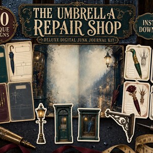 May include: A digital junk journal kit titled The Umbrella Repair Shop featuring 110 unique designs. The kit includes various cards with umbrella illustrations, a street lamp, a door, a window, and a bracket, alongside a measuring tape.