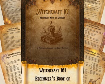 May include: A beginner's book of shadows titled "Witchcraft 101" with a candle on a book illustration. The book is surrounded by pages with spells and rituals. The book's cover is brown with gold accents and text.