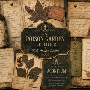 May include: A collection of vintage-style botanical documents and labels featuring a glass bottle labeled Conium Maculatum, a central sign reading The Poison Garden Ledger, and various specimen slips, plant records, and house logs with aged paper textures.