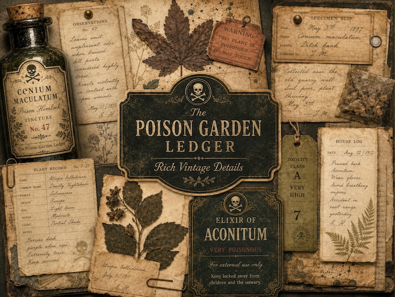 May include: A collection of vintage-style botanical documents and labels featuring a glass bottle labeled Conium Maculatum, a central sign reading The Poison Garden Ledger, and various specimen slips, plant records, and house logs with aged paper textures.