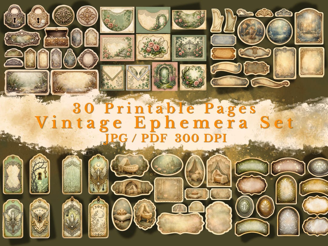 Printable Vintage Ephemera Set, 30 Junk Journal Pages, Shabby Chic ...
